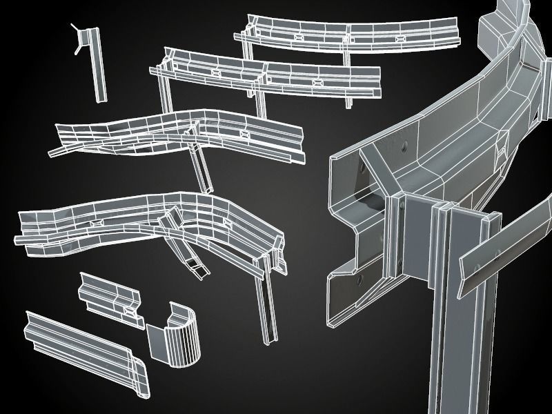 Modular - Rusty road safety barrier Kit - 3D VR  AR  game ready  Low-poly 3D model_2