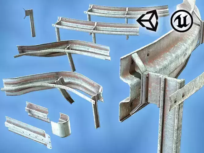 Modular - Rusty road safety barrier Kit - 3D VR  AR  game ready  Low-poly 3D model
