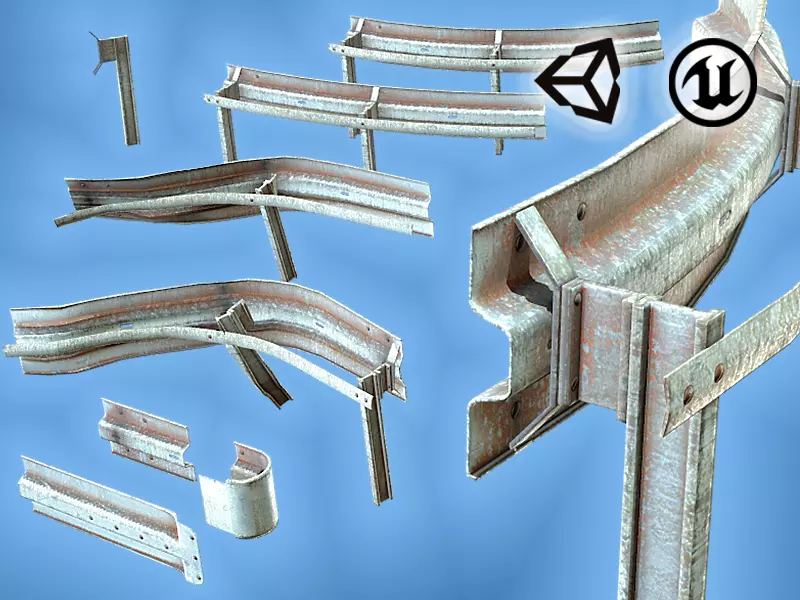 Modular - Rusty road safety barrier Kit - 3D VR  AR  game ready  Low-poly 3D model_0