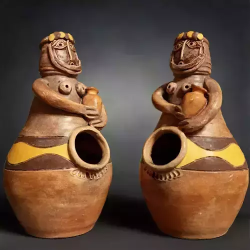 Penholder 2 clay figurine of woman holding pot