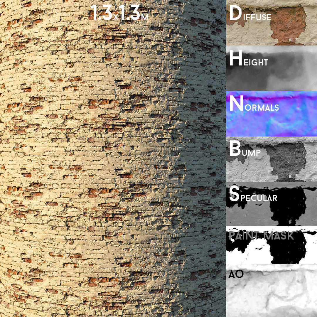 Old painted brick wall  02 Low-poly 3D model_16