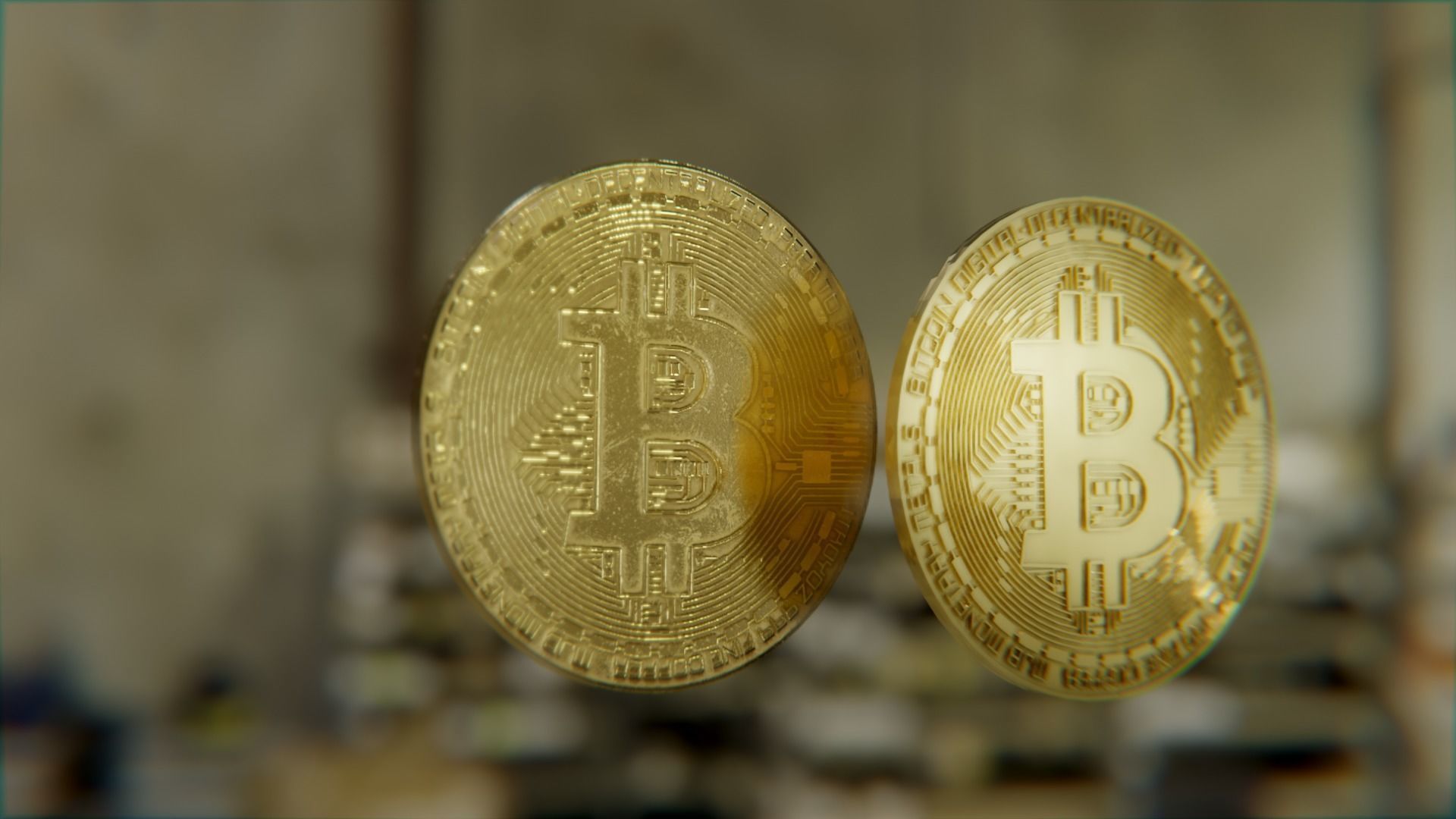 Bitcoin two gold bitcoins on table Low-poly 3D model_2