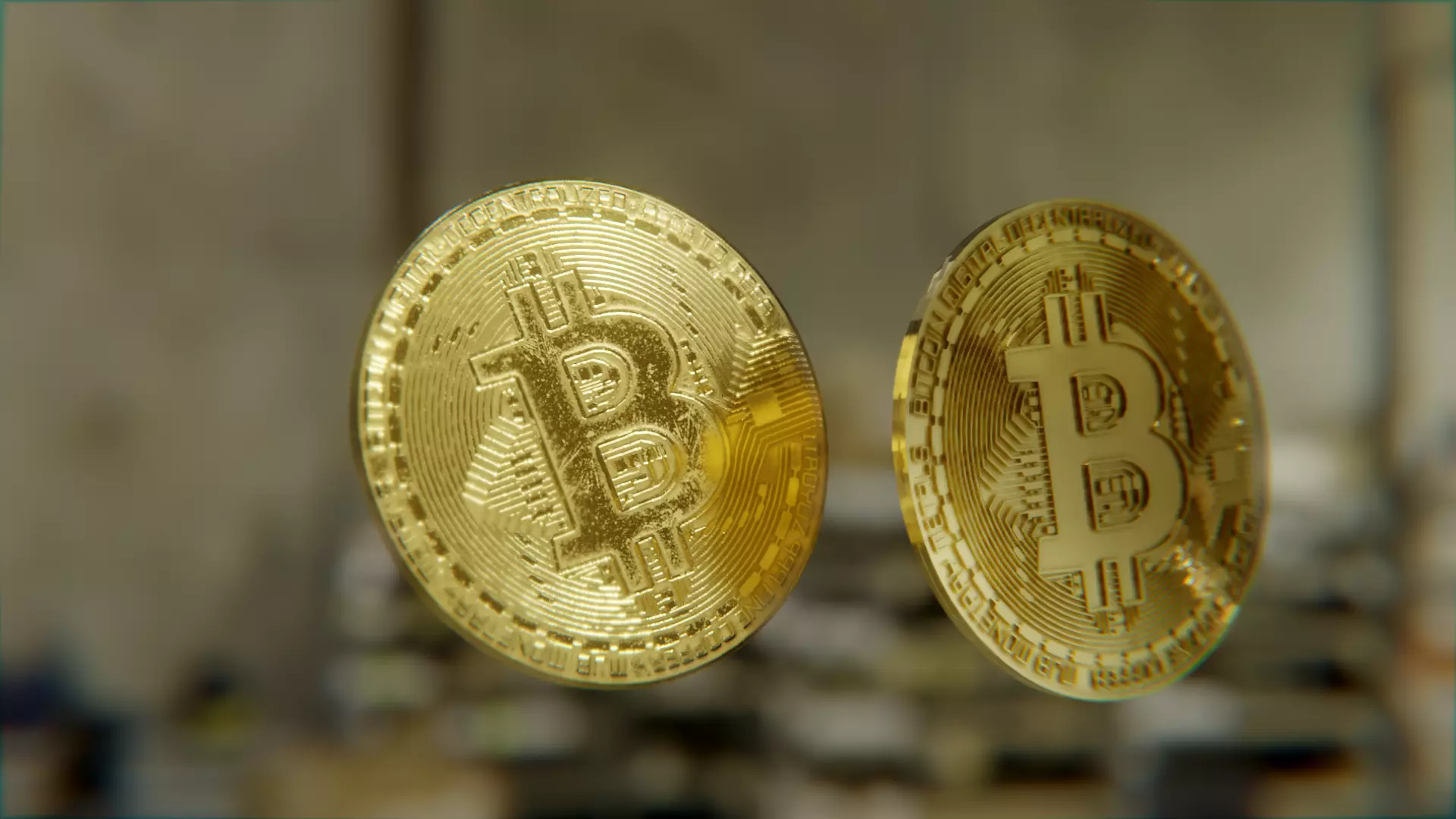 Bitcoin two gold bitcoins on table Low-poly 3D model_0