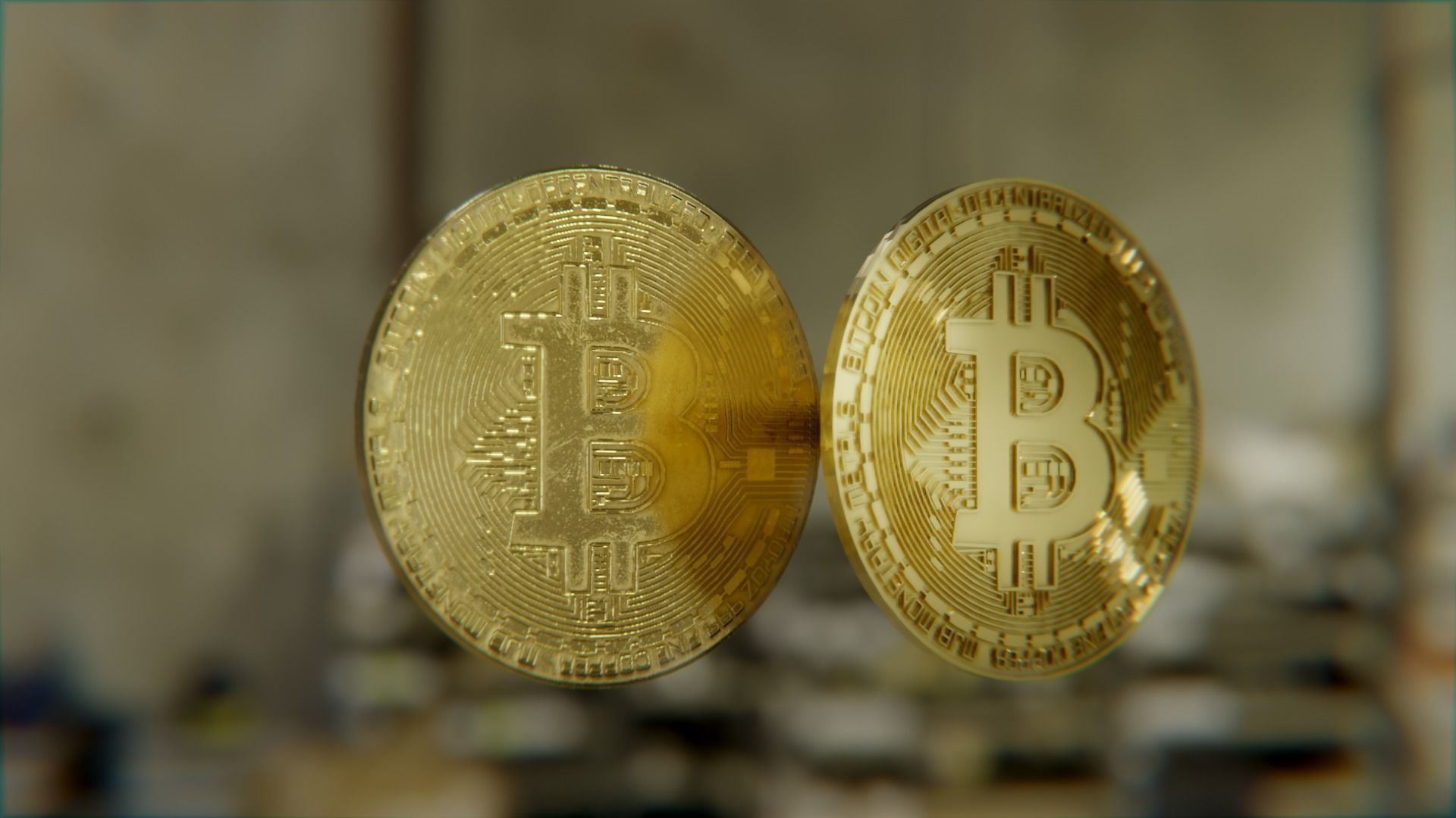 Bitcoin two gold bitcoins on table Low-poly 3D model_1