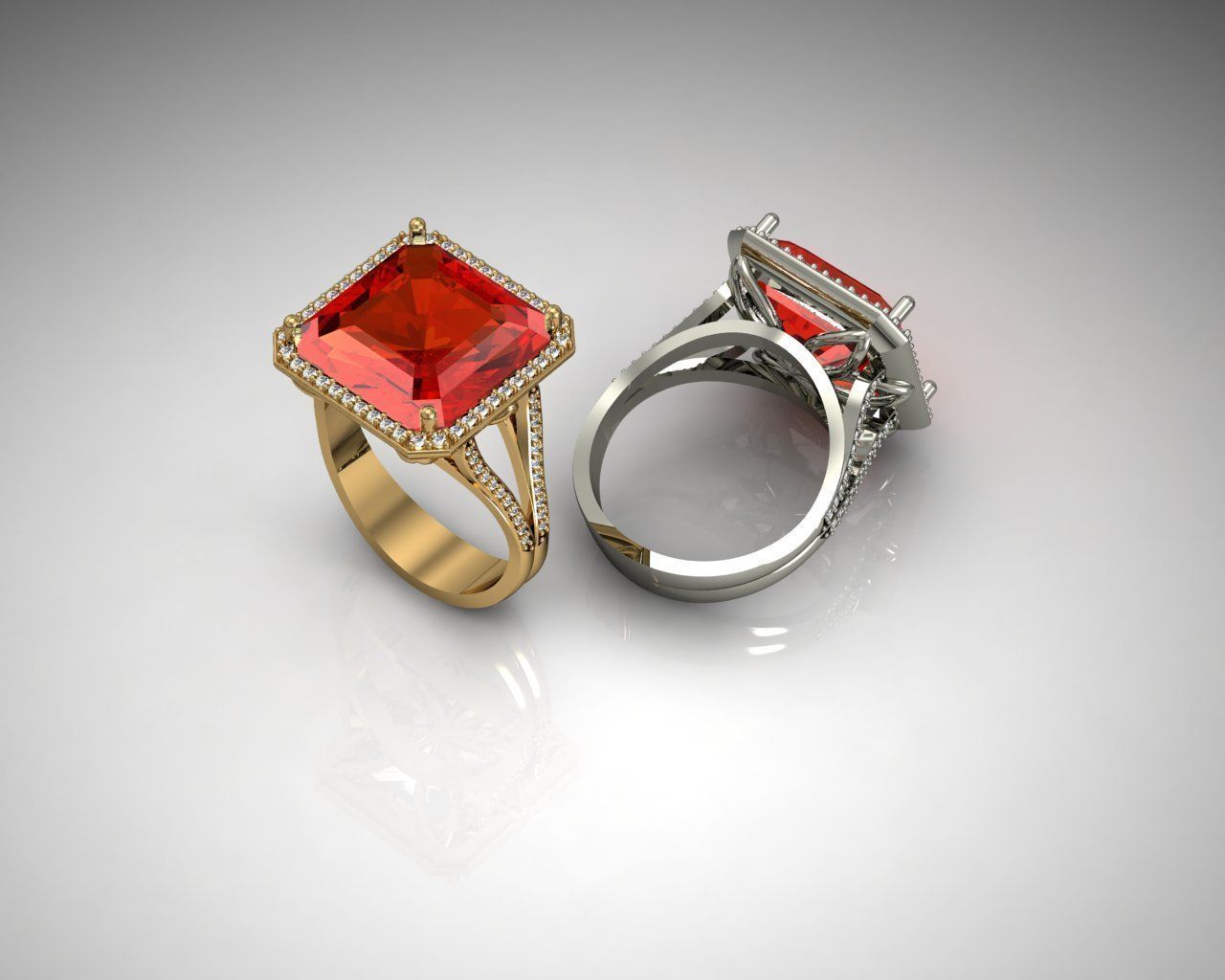 Ring gold with stone and diamonds 3D print model_3