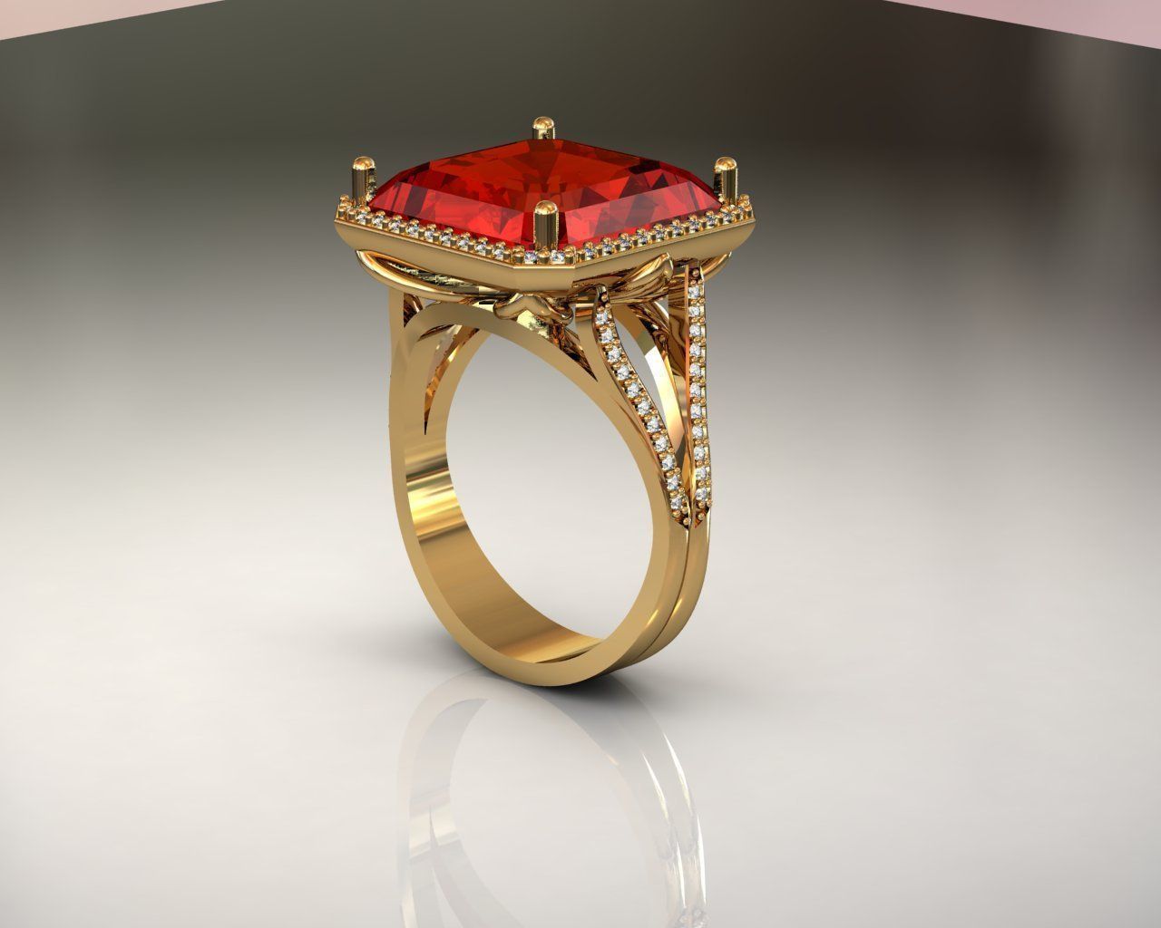 Ring gold with stone and diamonds 3D print model_1