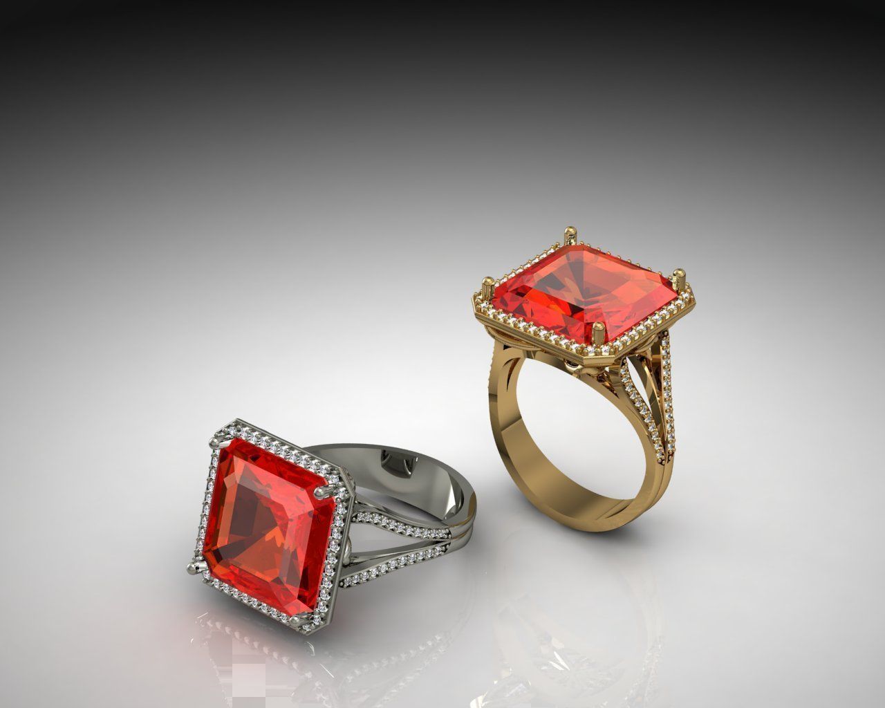 Ring gold with stone and diamonds 3D print model_4