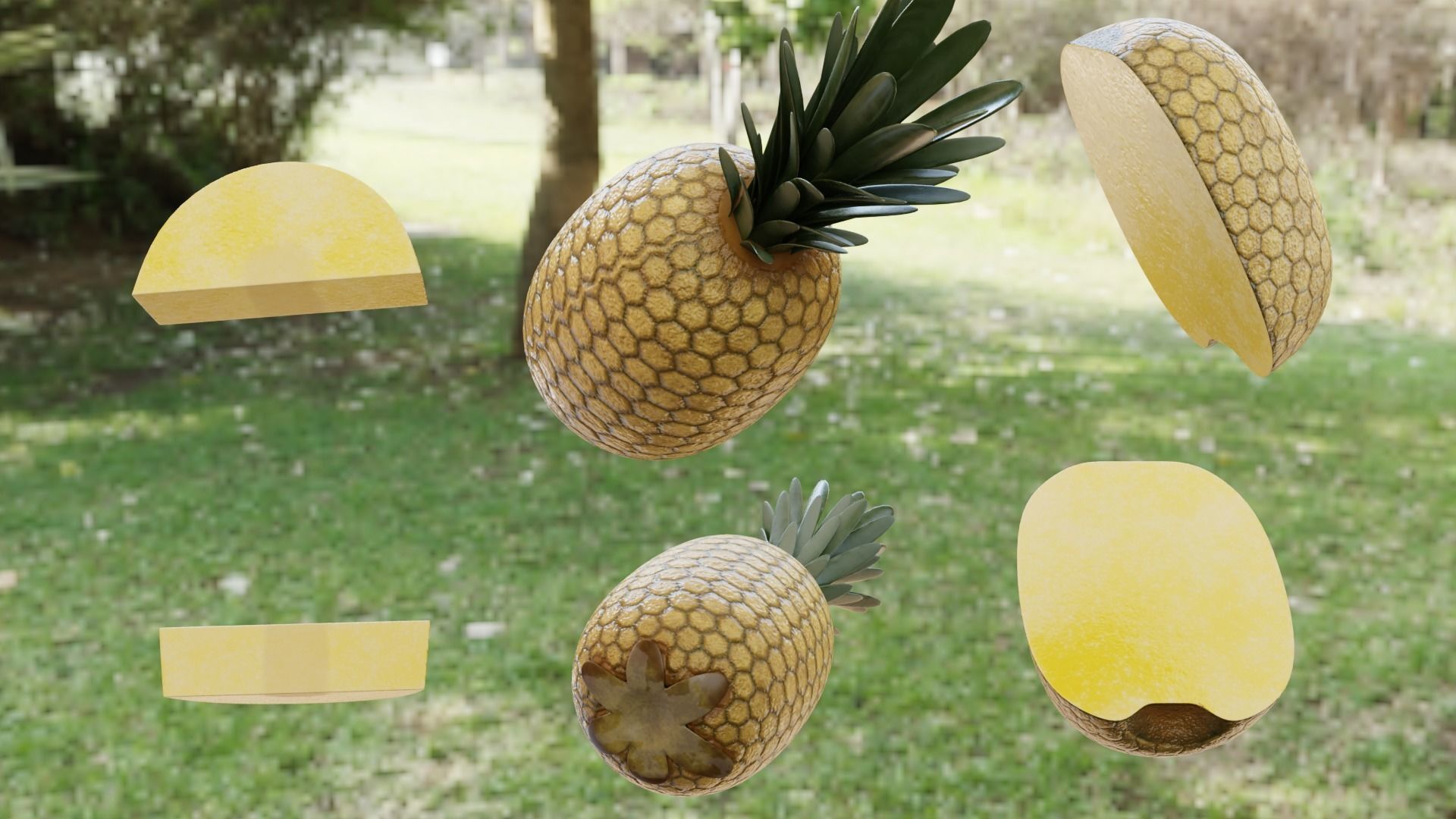 Pineapple three pineapples on grassy area Low-poly 3D model_2