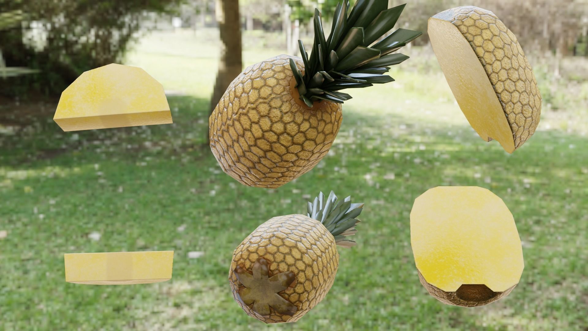 Pineapple three pineapples on grassy area Low-poly 3D model_5