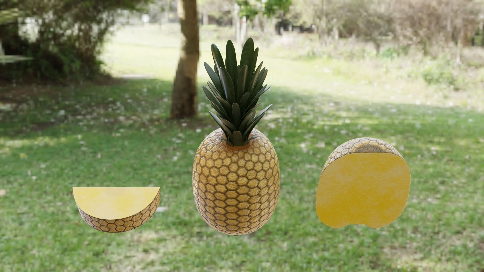 Pineapple three pineapples on grassy area Low-poly 3D model_1