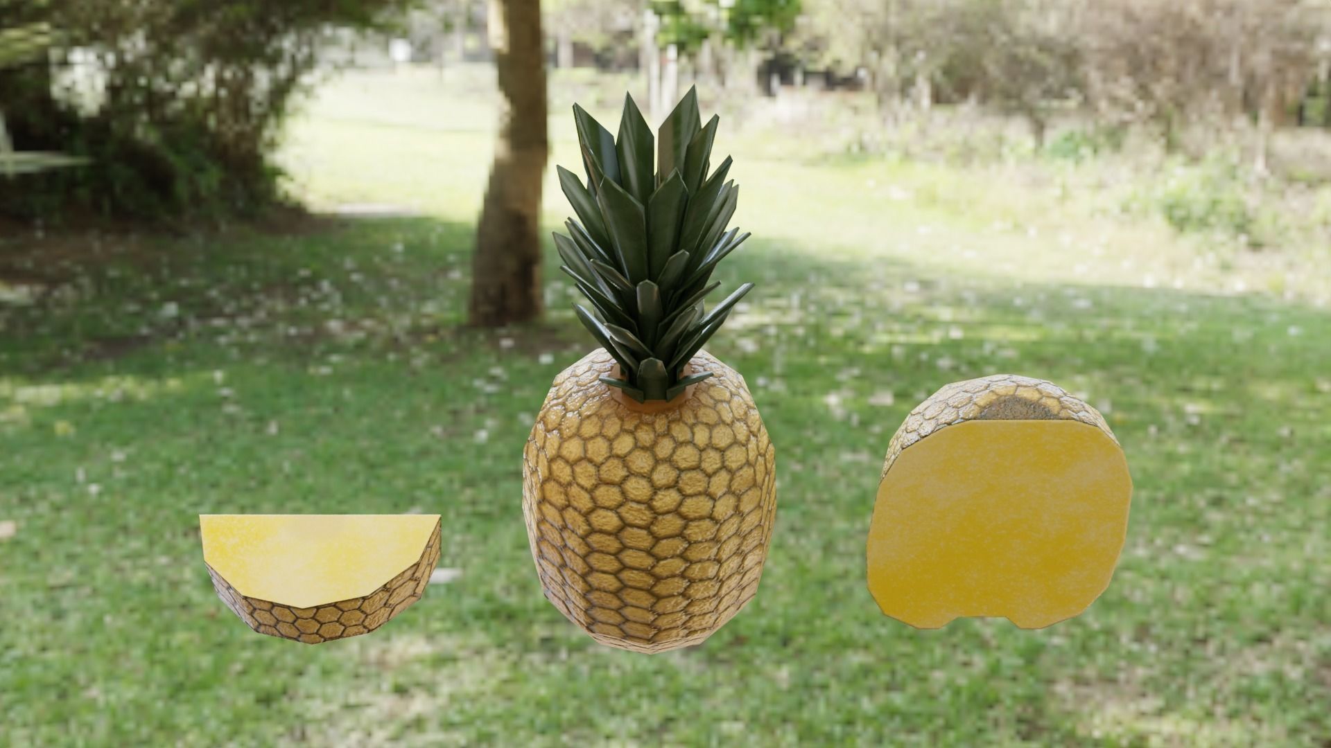Pineapple three pineapples on grassy area Low-poly 3D model_4