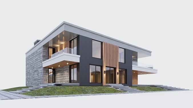 Modern two storey villa 3D model 4