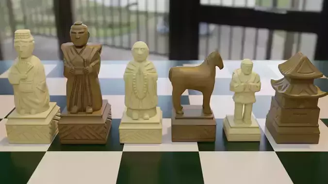 Medieval Japan Chess Set Pieces 6 OBJ 