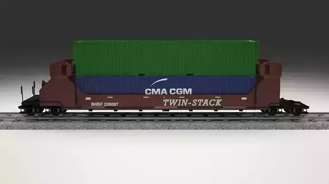 Brown Train Well Car w Containers 3D model