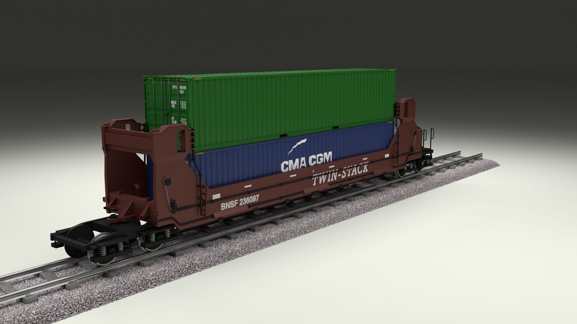 Brown Train Well Car w Containers 3D model_4