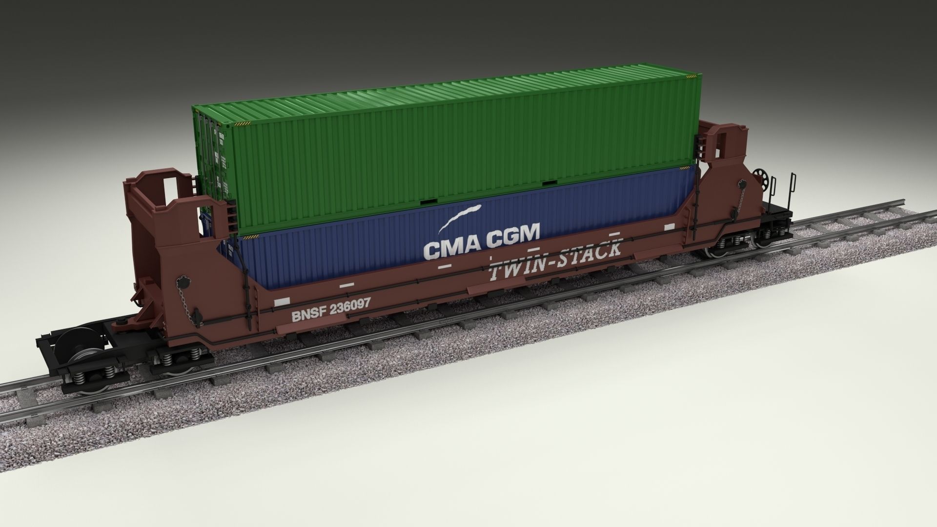 Brown Train Well Car w Containers 3D model_1