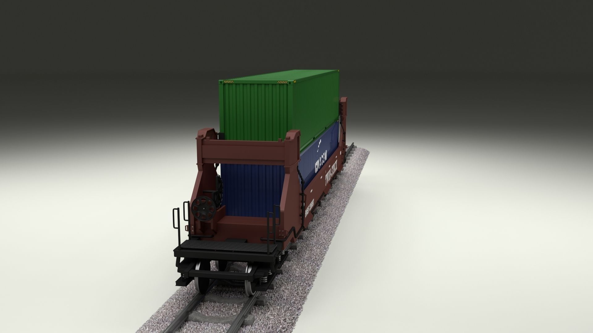 Brown Train Well Car w Containers 3D model_2
