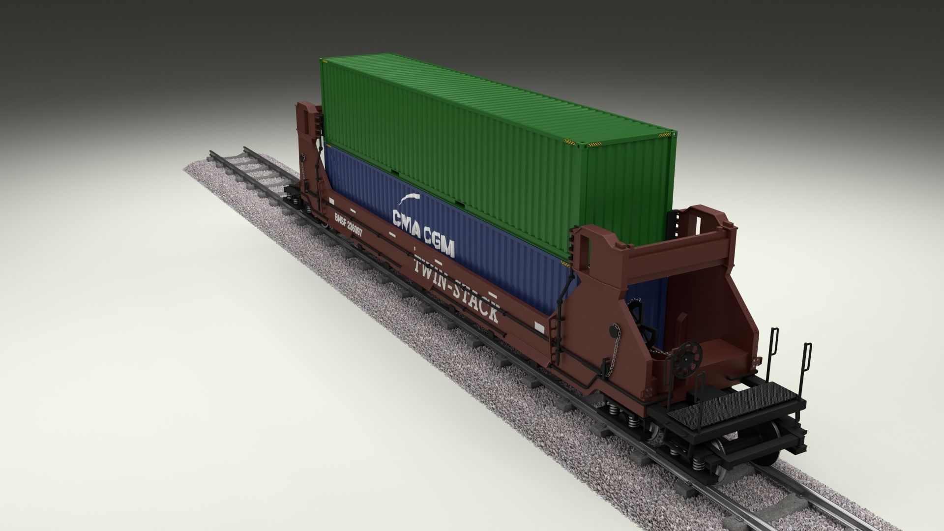 Brown Train Well Car w Containers 3D model_5
