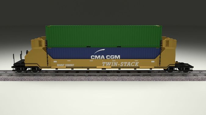 Yellow Train Well Car w Containers 3D model