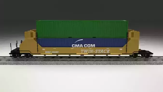 Yellow Train Well Car w Containers 3D model