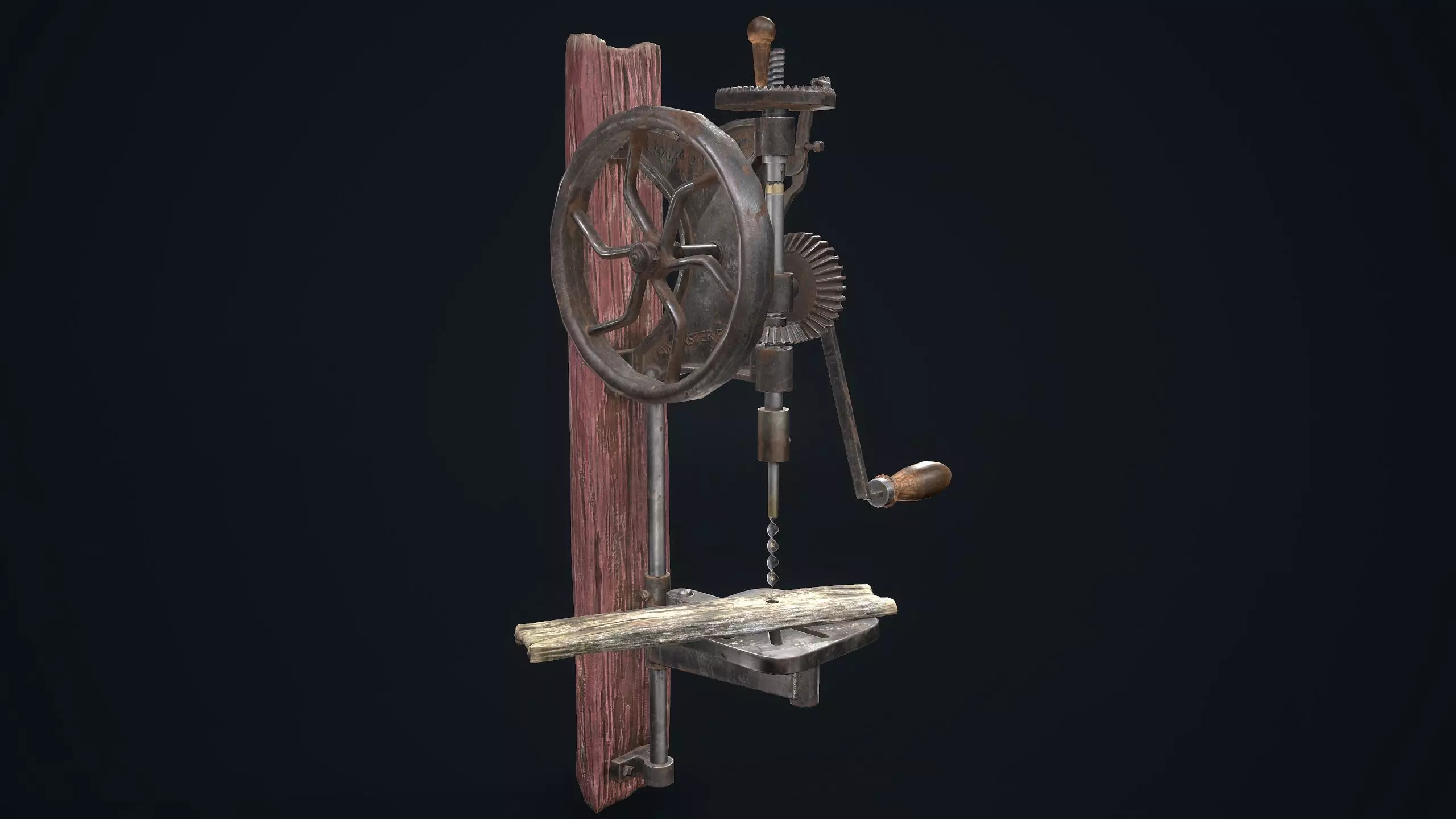 Driller machine with wooden handle Low-poly 3D model_0