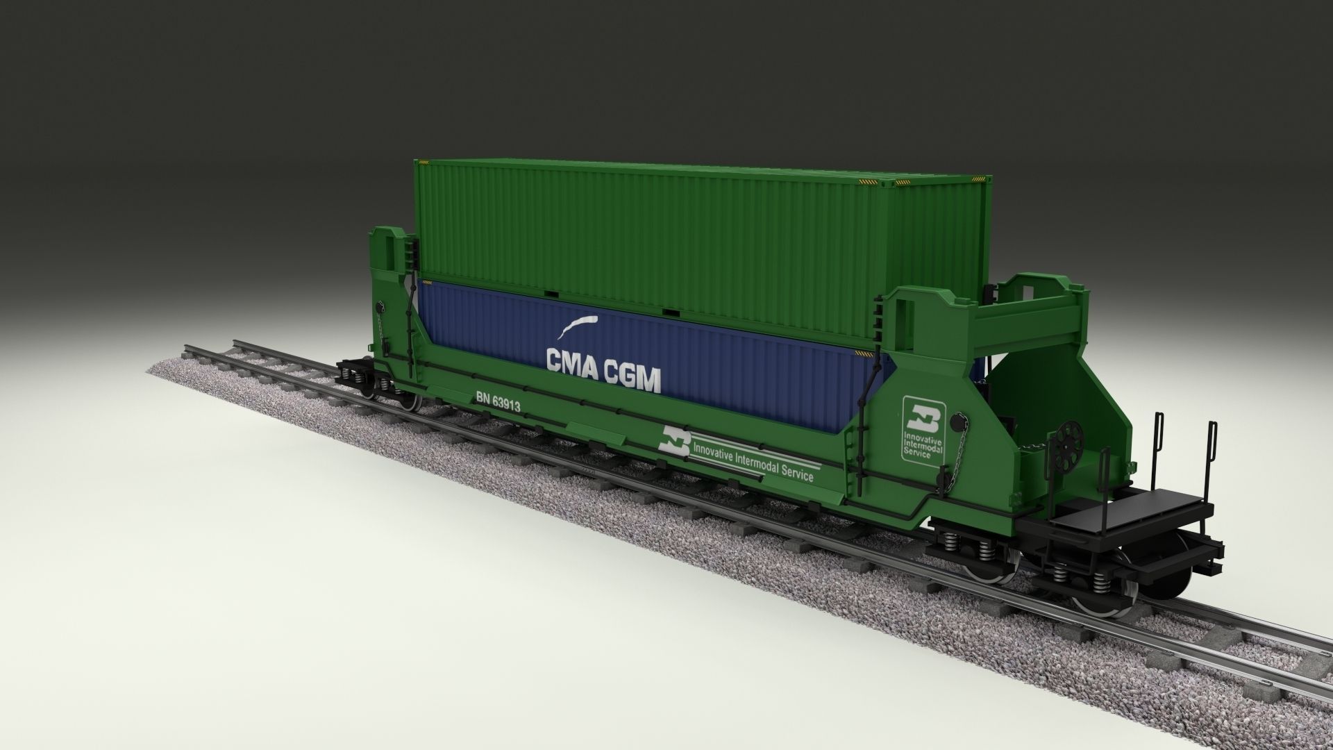 Green Train Well Car w Containers 3D model_1