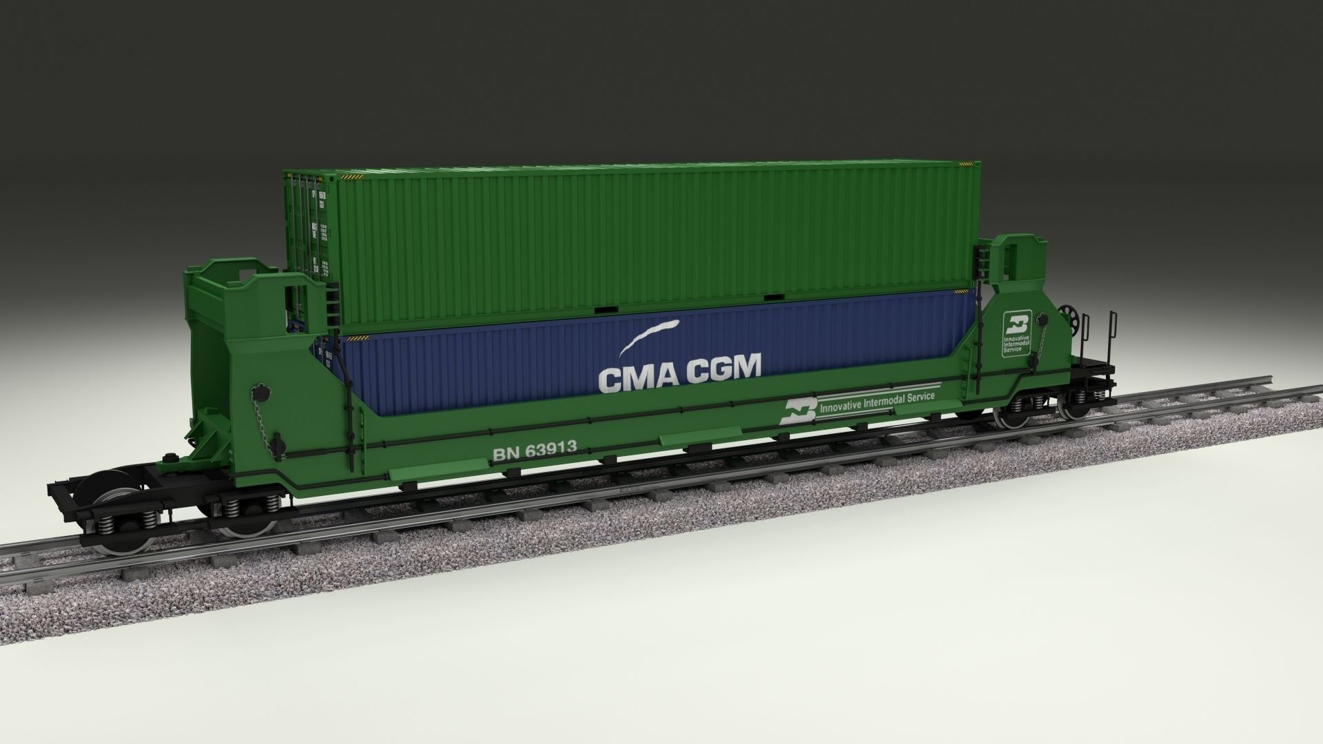 Green Train Well Car w Containers 3D model_4