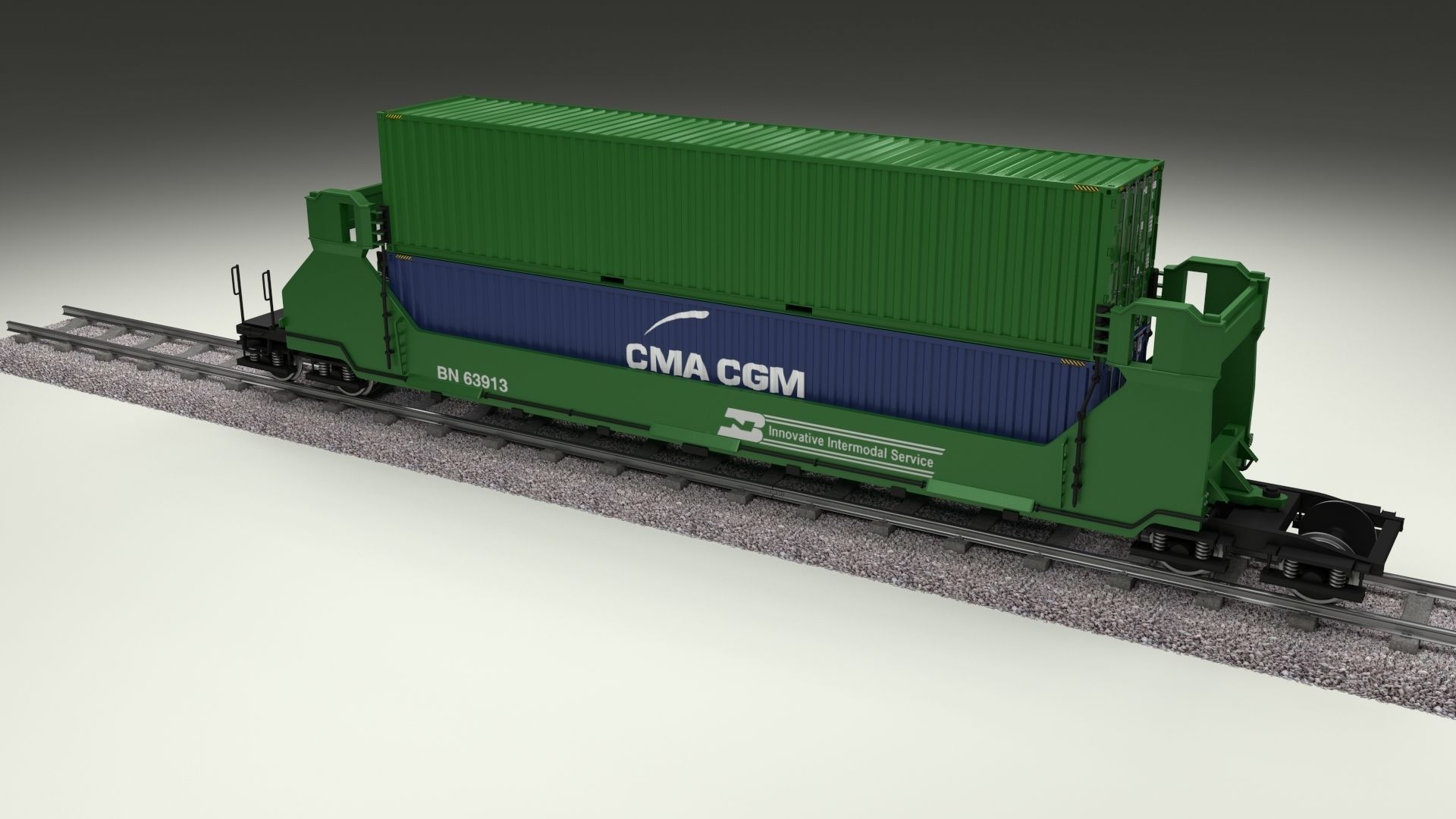 Green Train Well Car w Containers 3D model_8