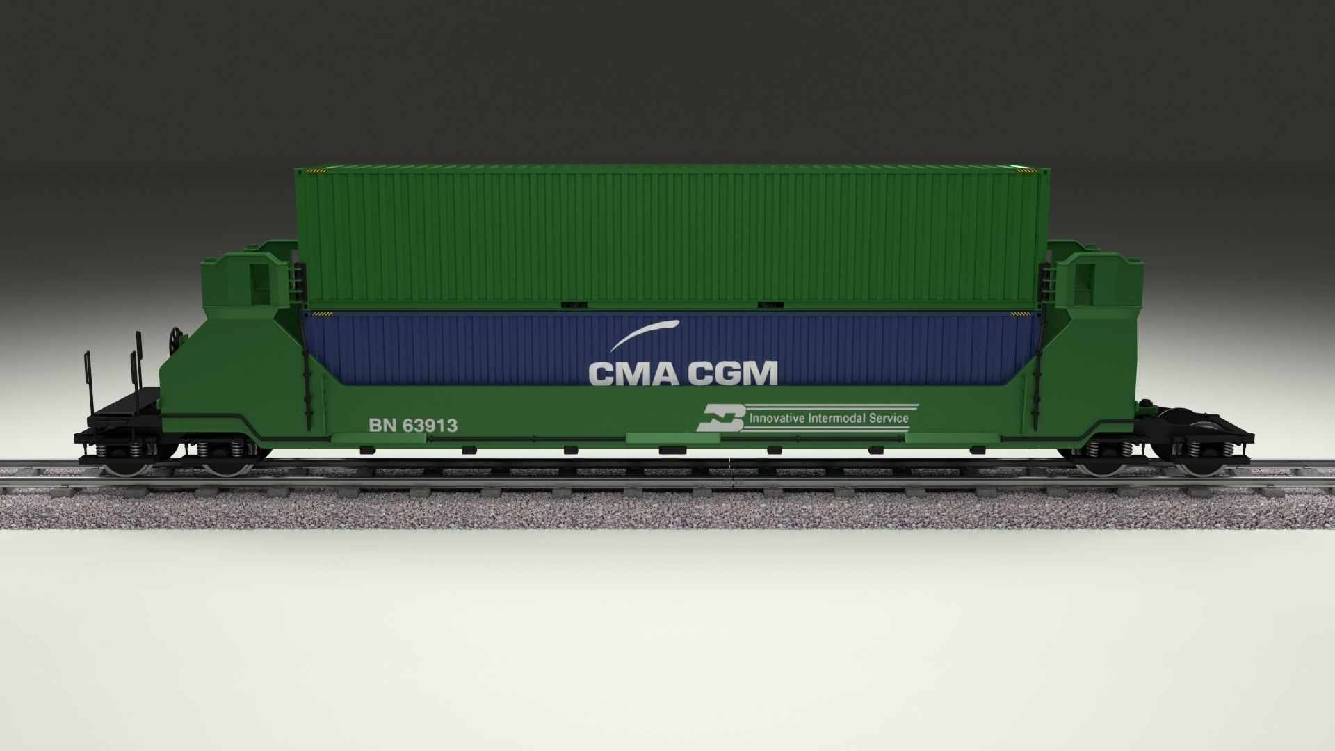 Green Train Well Car w Containers 3D model_3