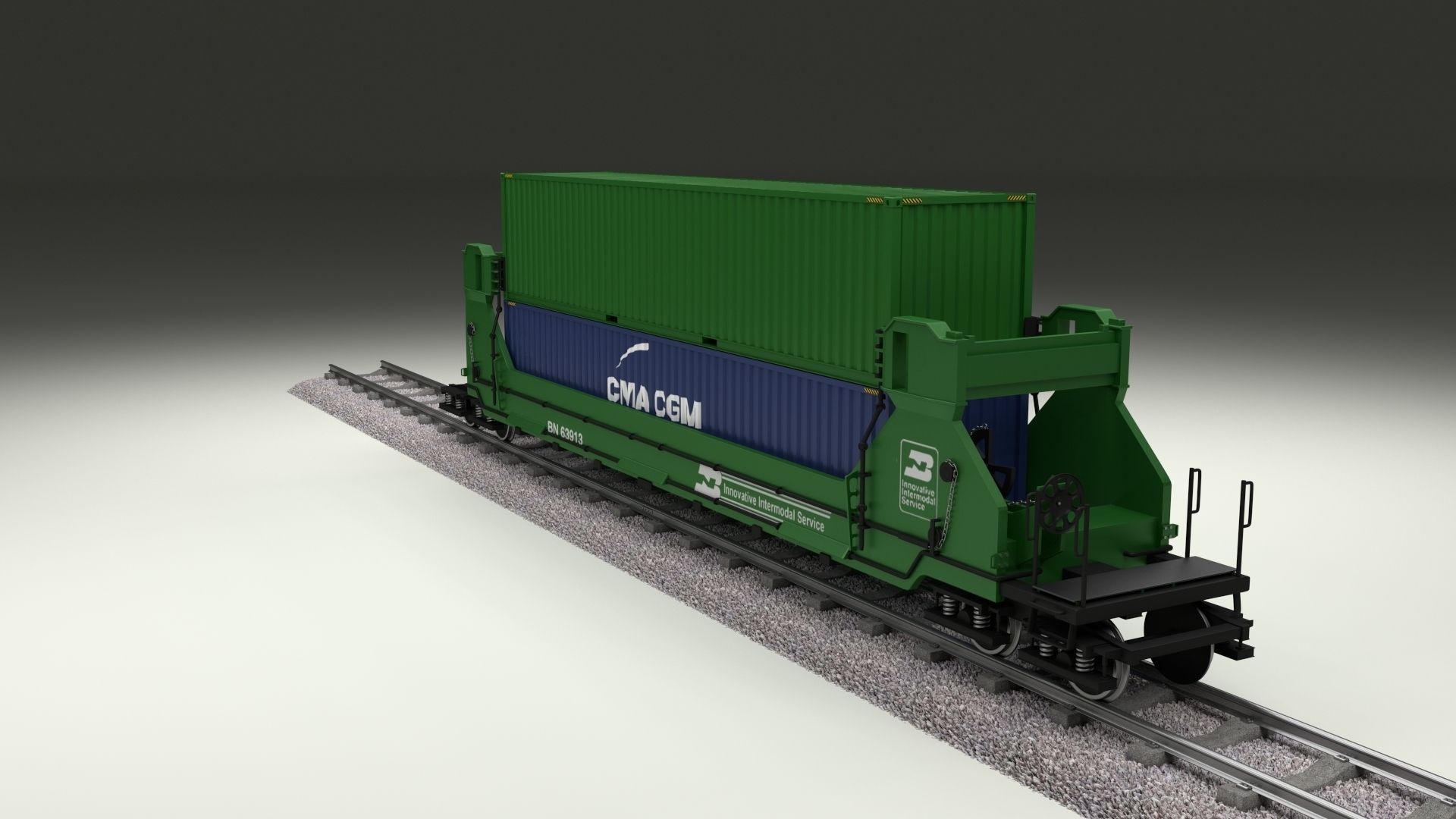 Green Train Well Car w Containers 3D model_13