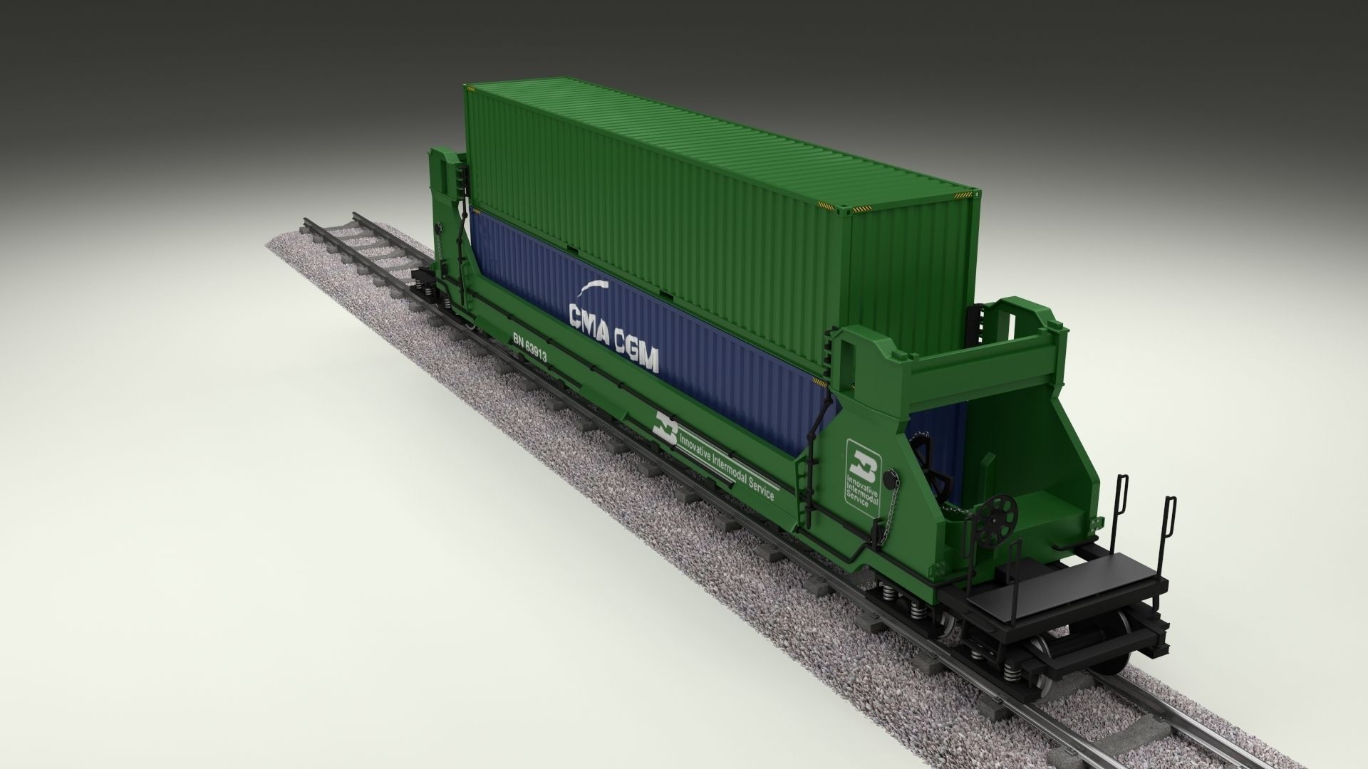 Green Train Well Car w Containers 3D model_6