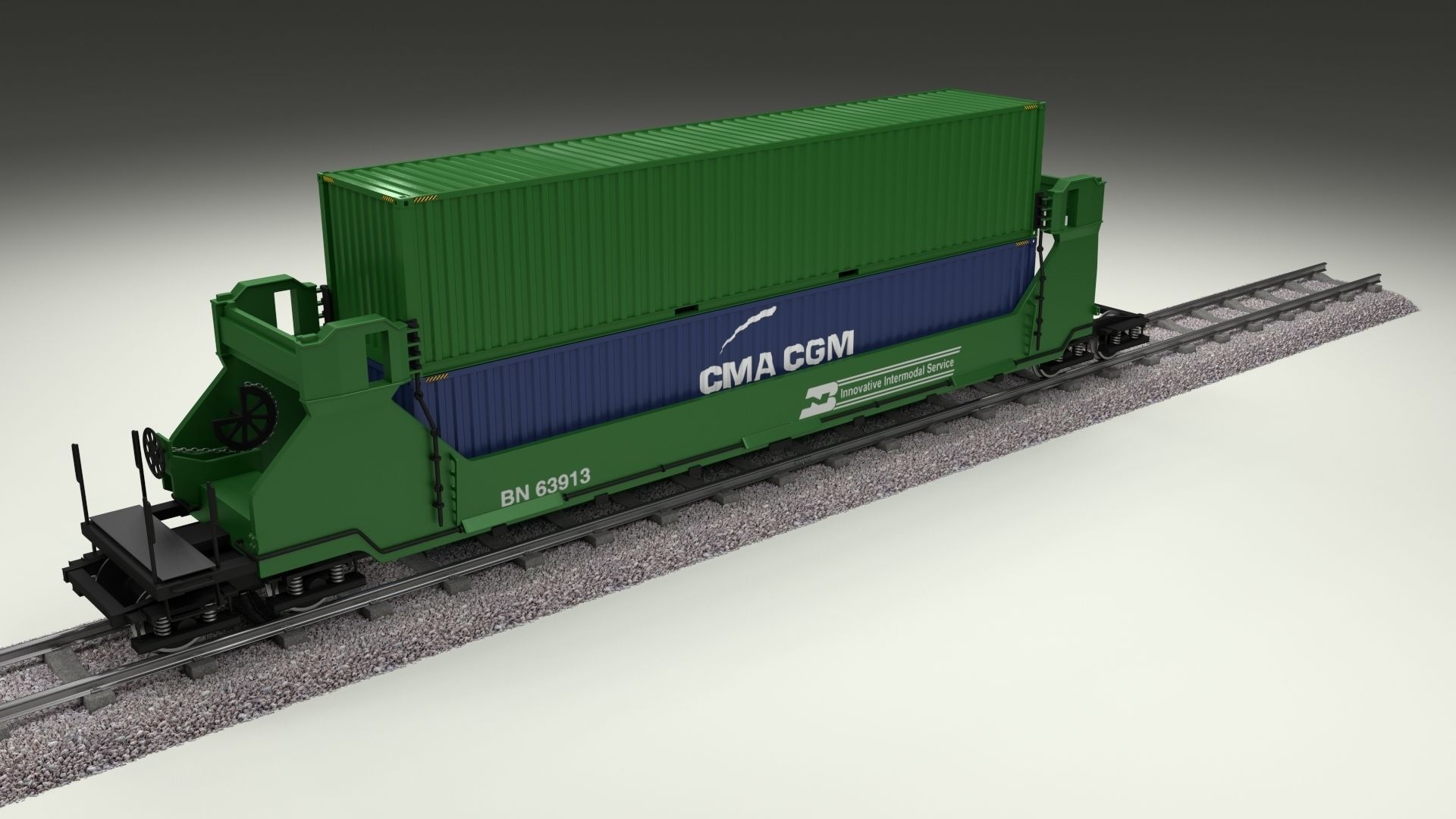 Green Train Well Car w Containers 3D model_12