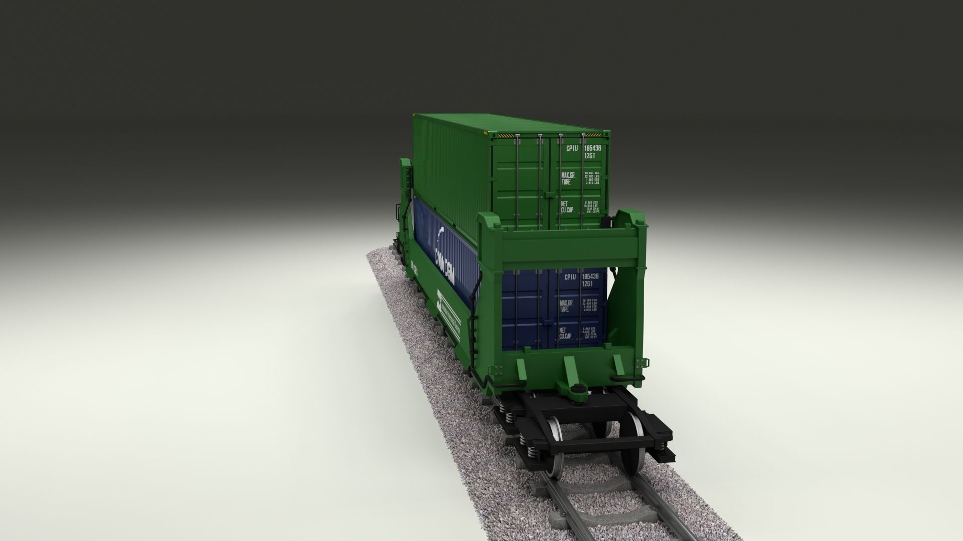 Green Train Well Car w Containers 3D model_2