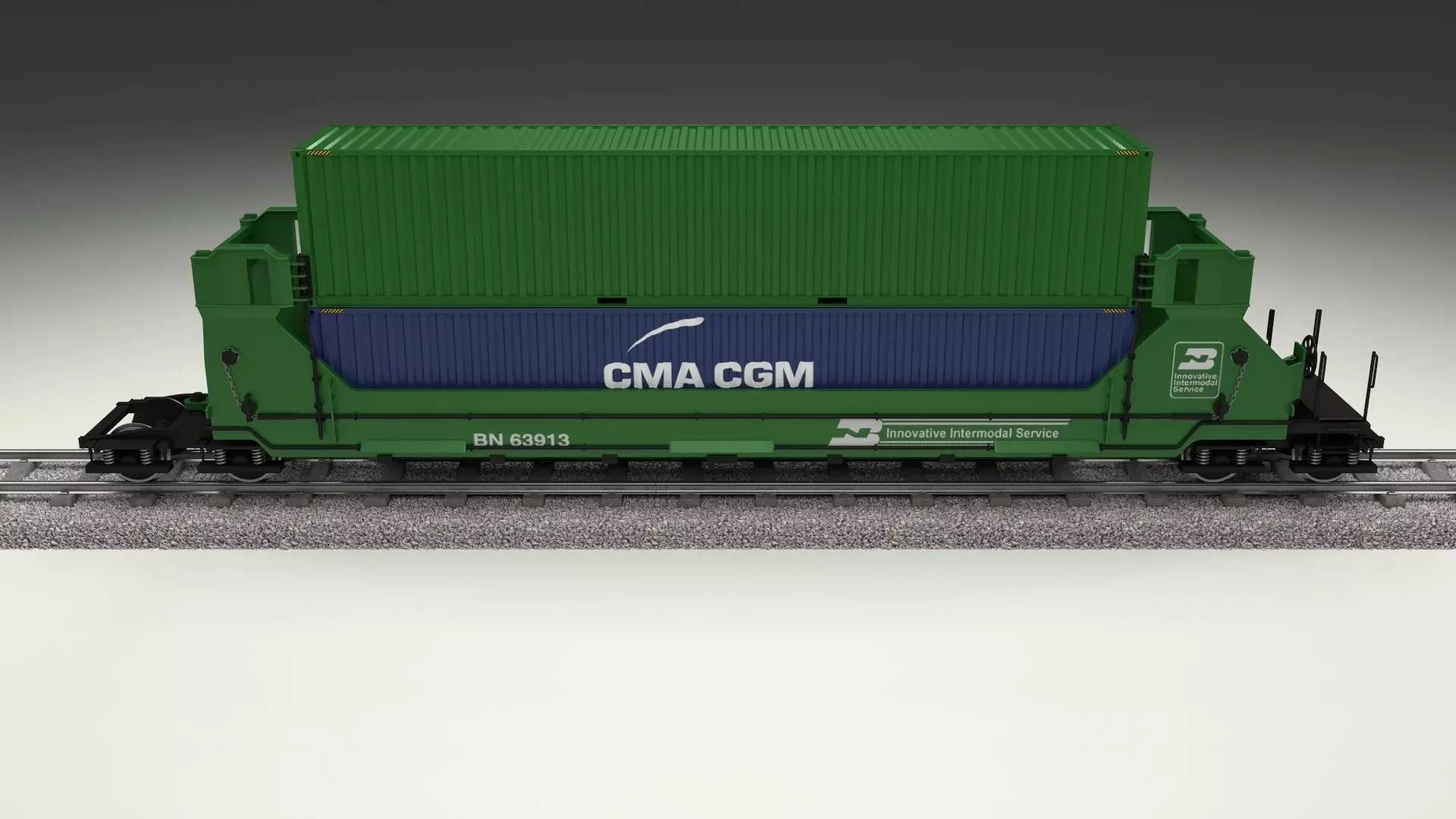 Green Train Well Car w Containers 3D model_0