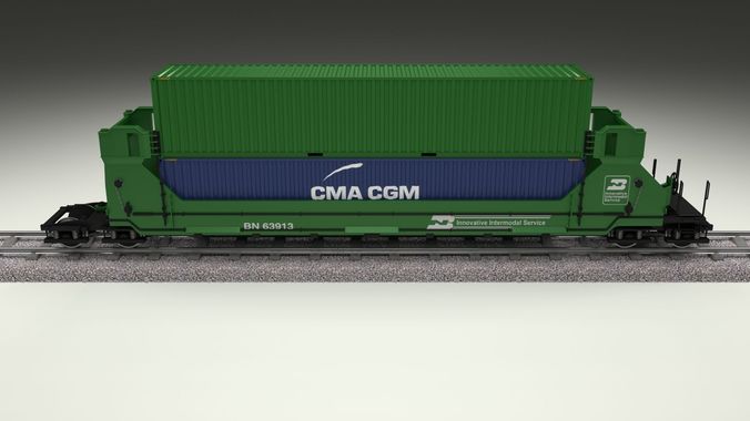 Green Train Well Car w Containers 3D model