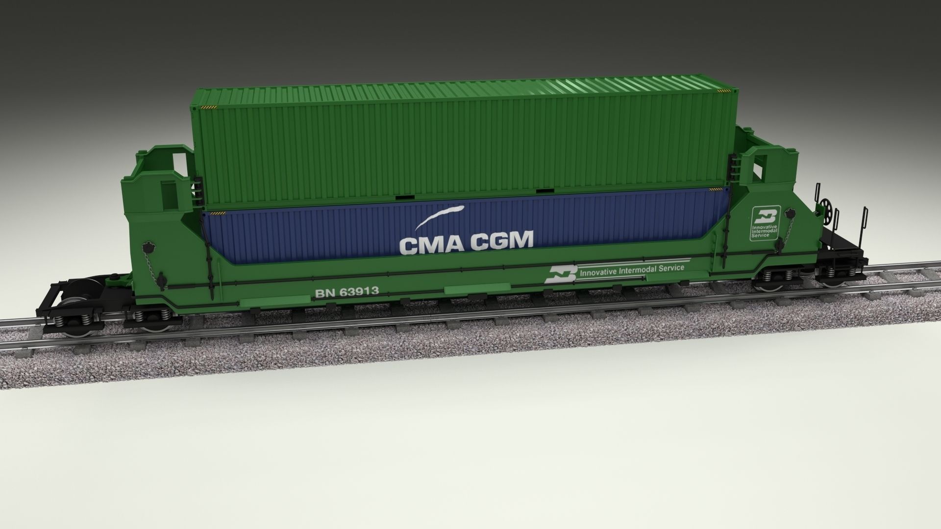 Green Train Well Car w Containers 3D model_5