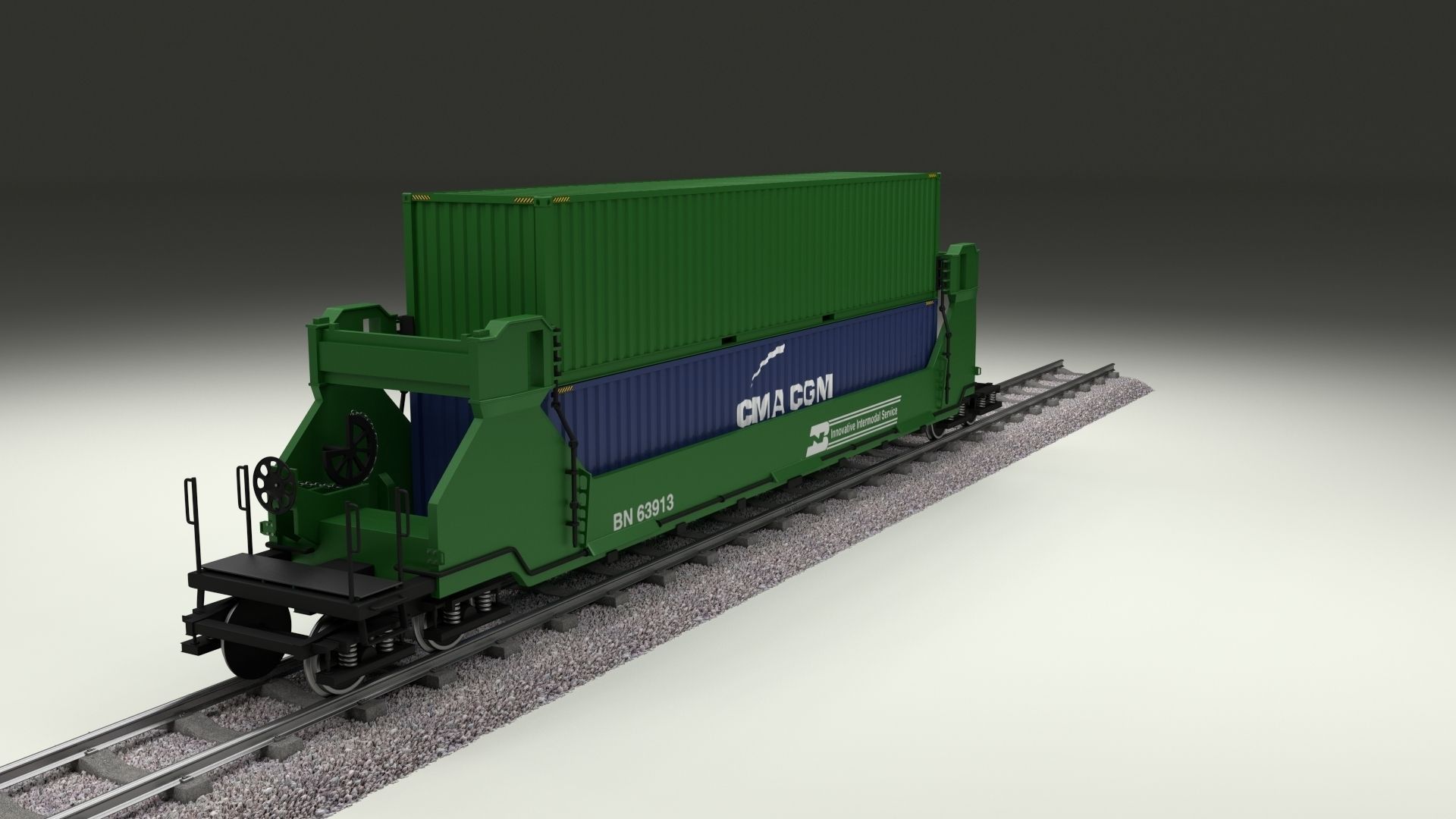 Green Train Well Car w Containers 3D model_7