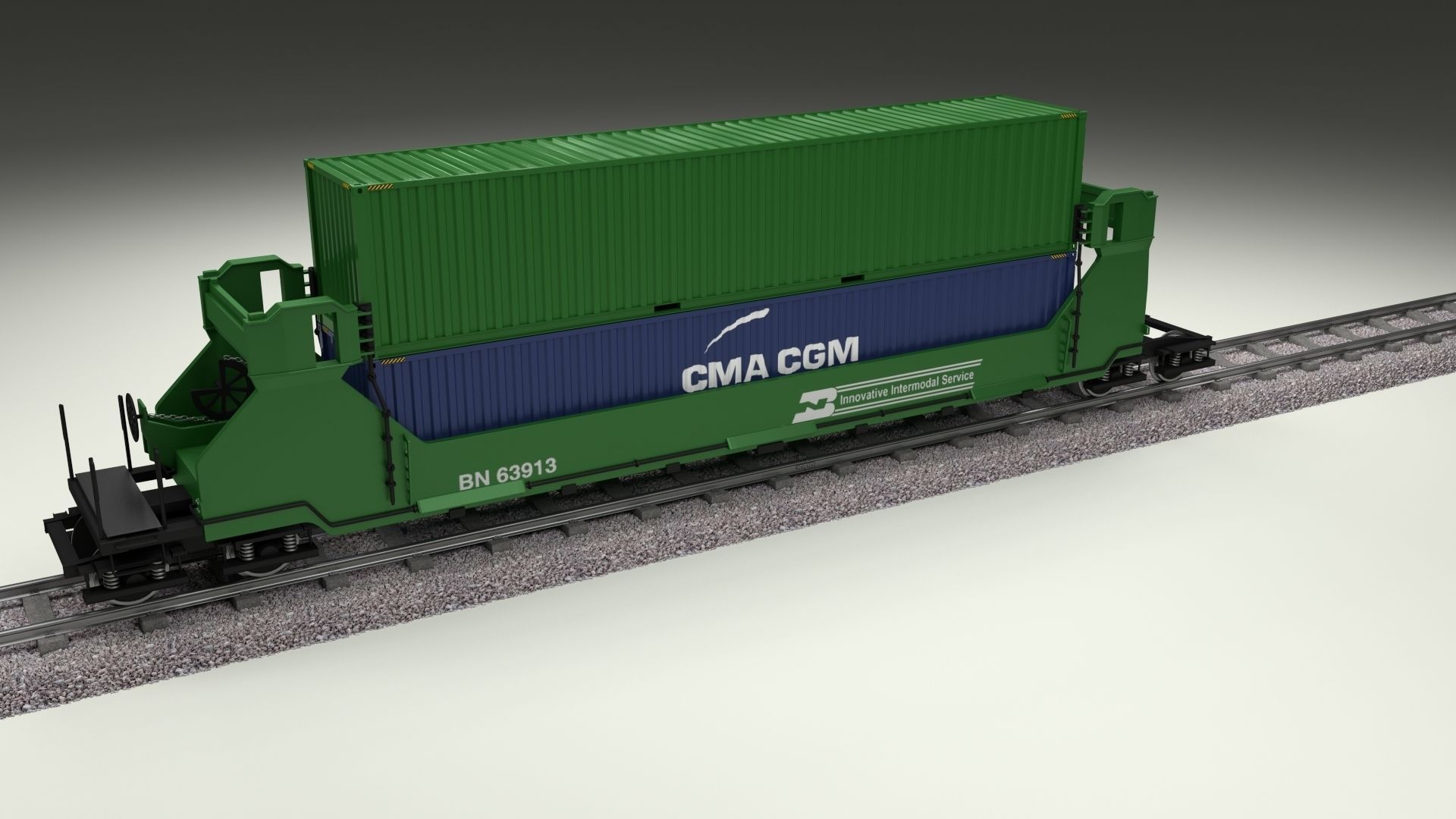 Green Train Well Car w Containers 3D model_9