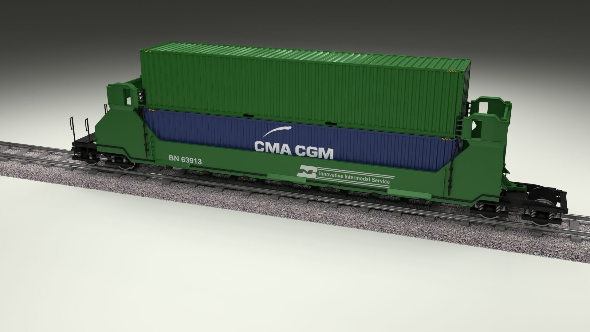 Green Train Well Car w Containers 3D model_11