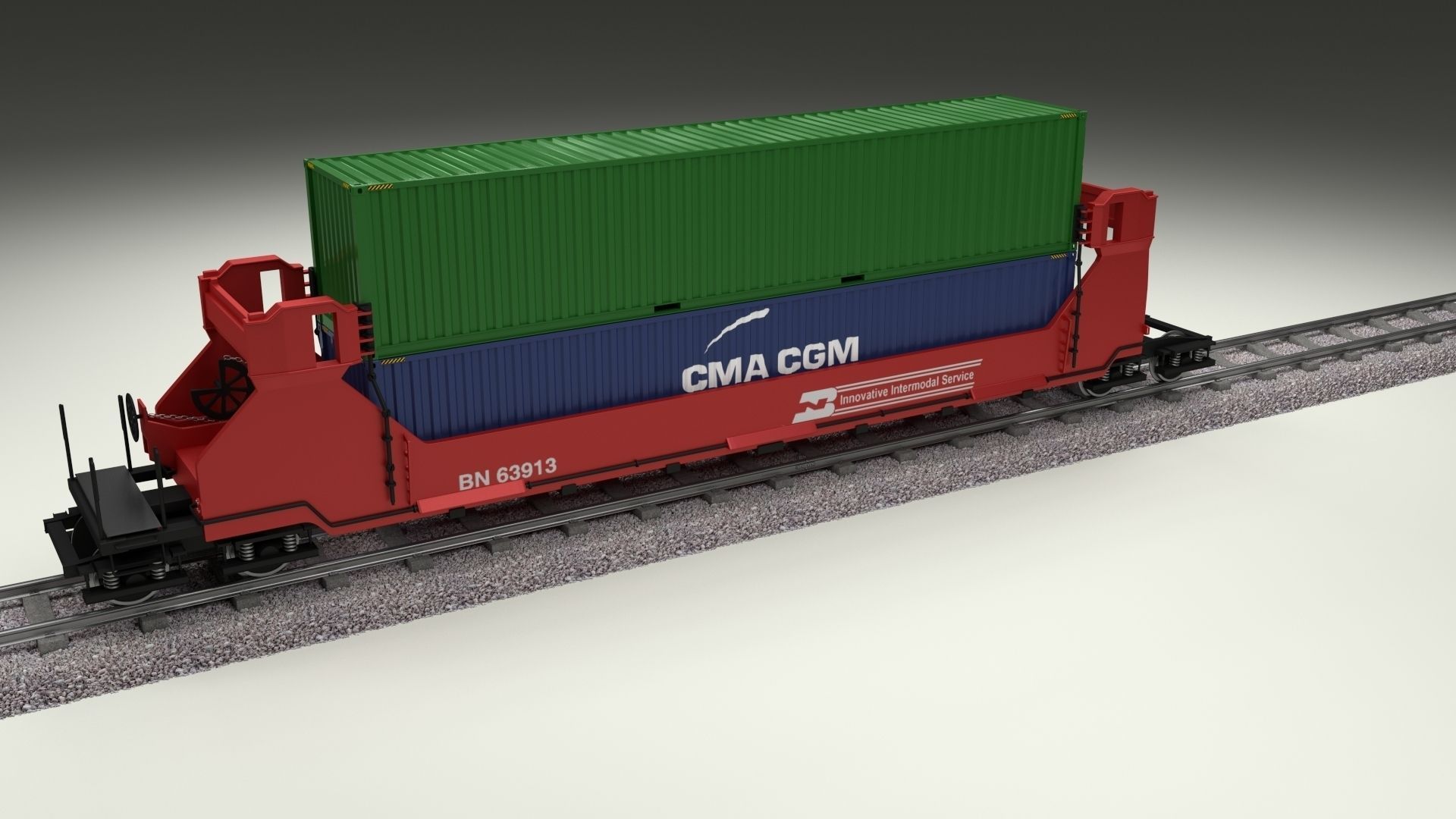 Red Train Well Car w Containers 3D model_16