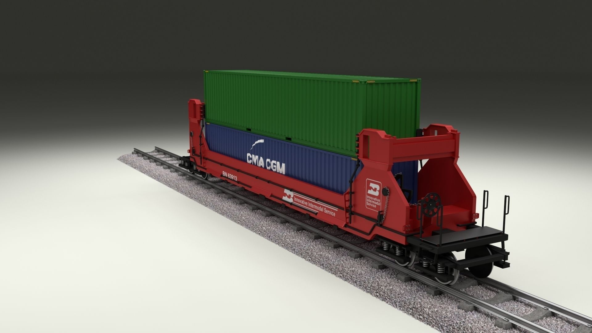 Red Train Well Car w Containers 3D model_6