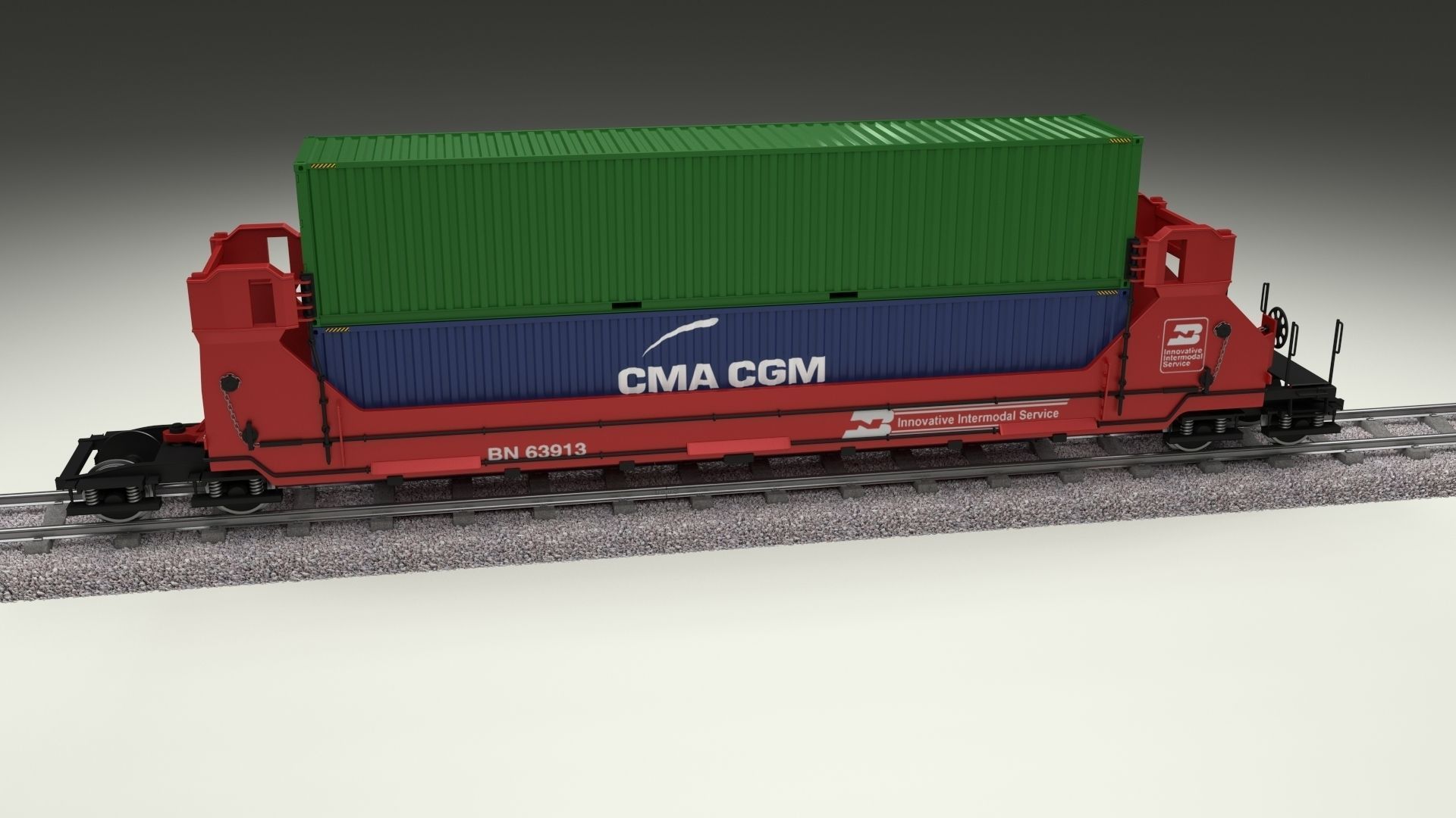 Red Train Well Car w Containers 3D model_9