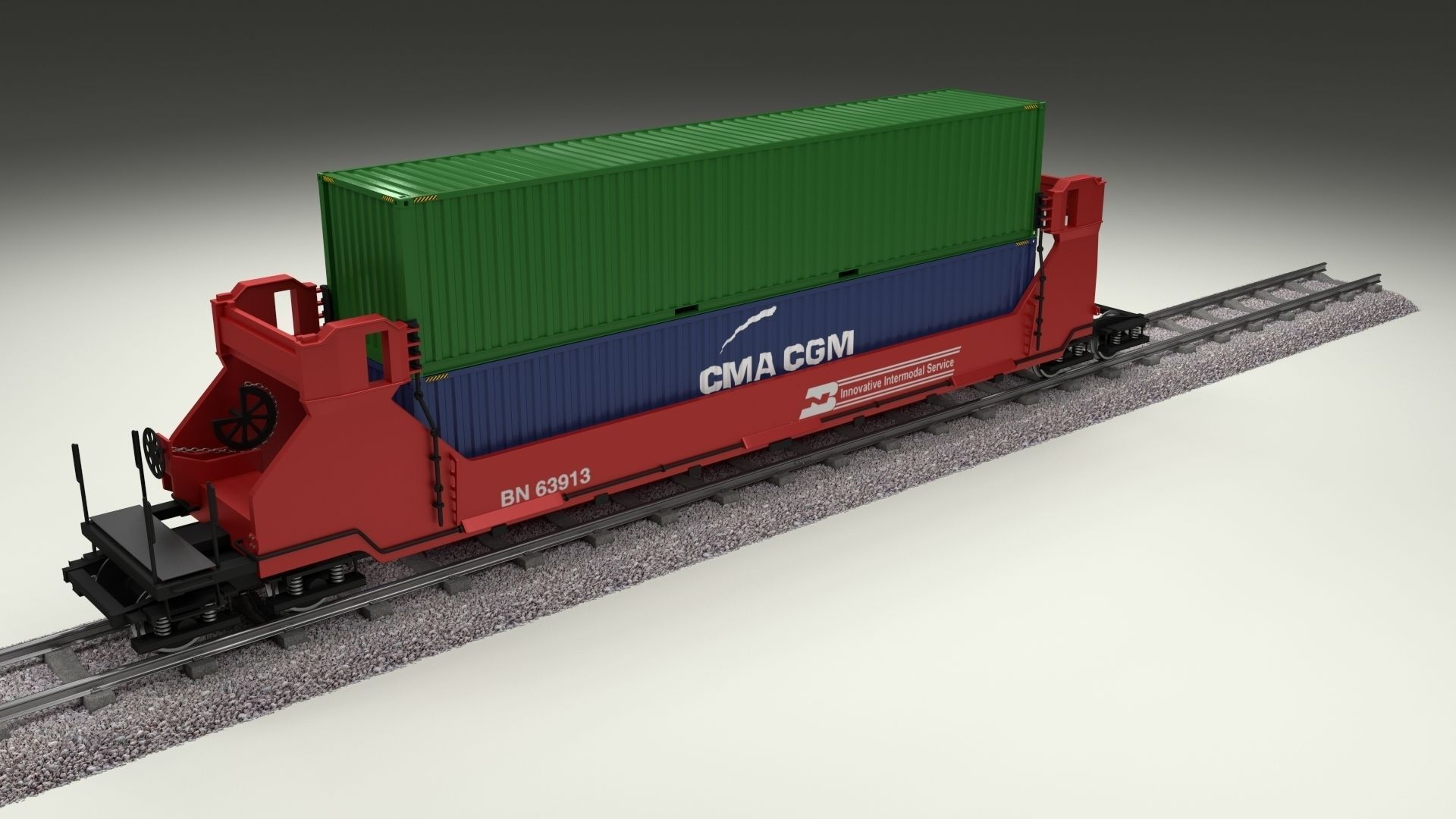 Red Train Well Car w Containers 3D model_12