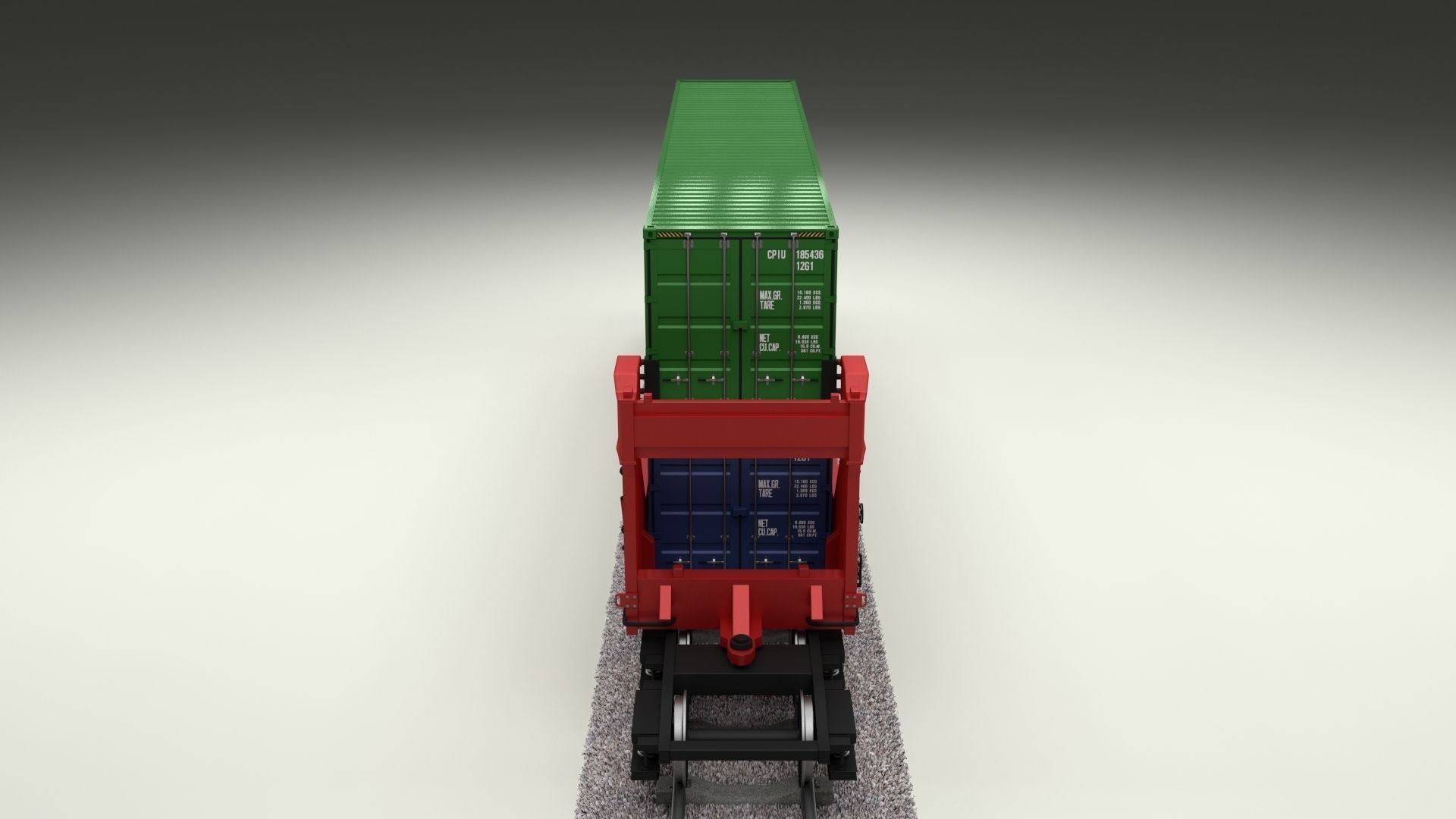 Red Train Well Car w Containers 3D model_19