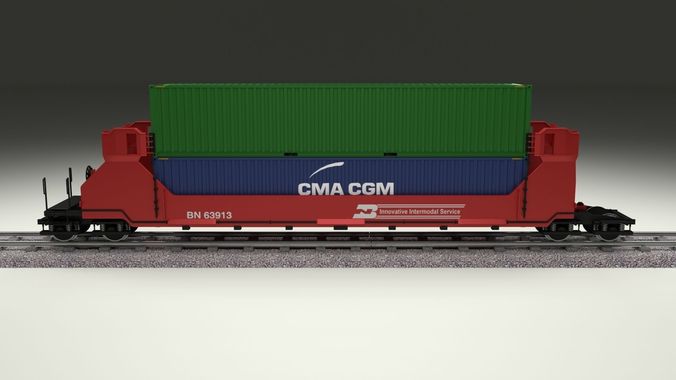 Red Train Well Car w Containers 3D model