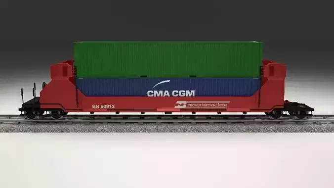 Red Train Well Car w Containers 3D model Red Train Well Car w Containers 3D model