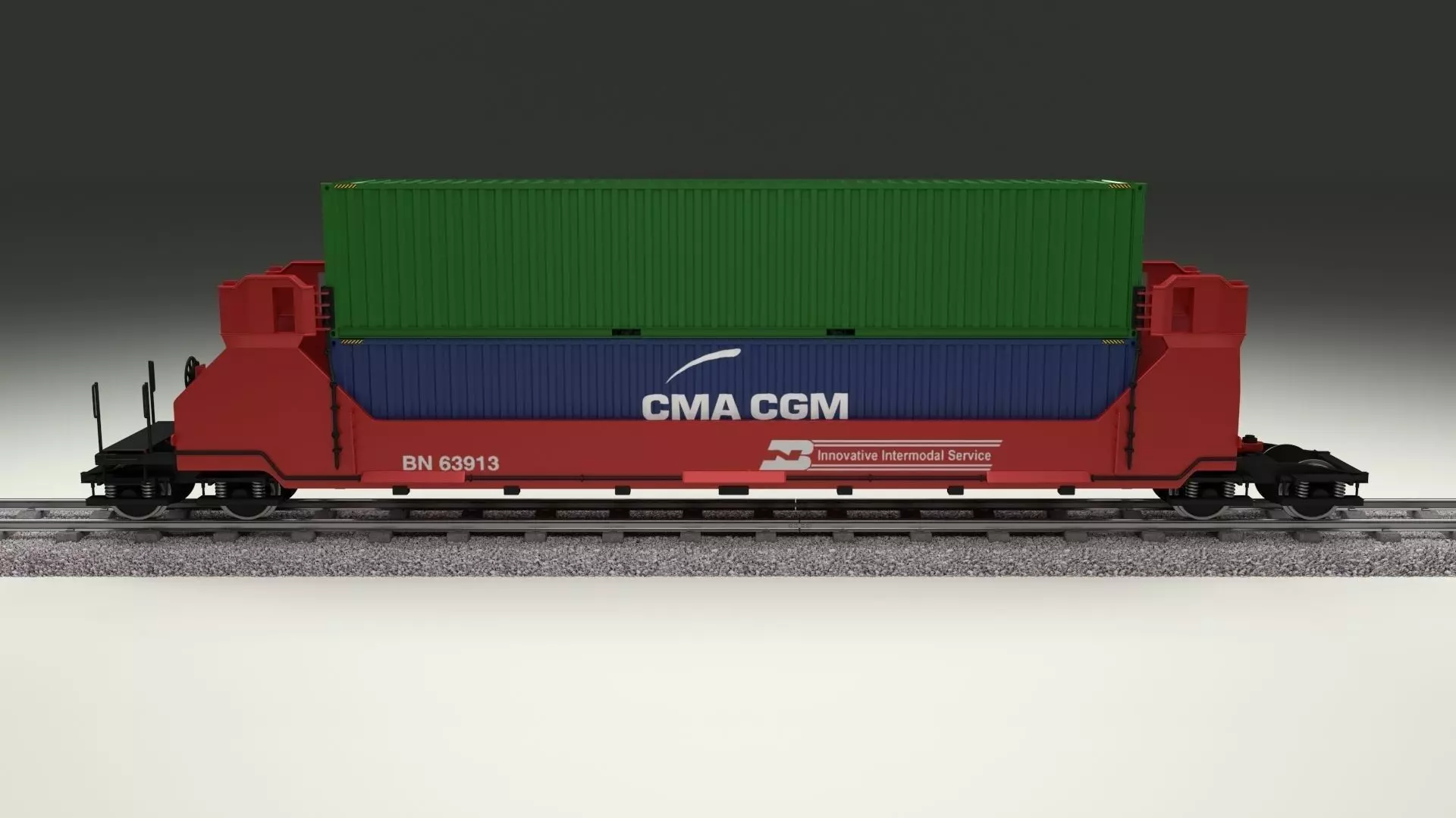 Red Train Well Car w Containers 3D model_0