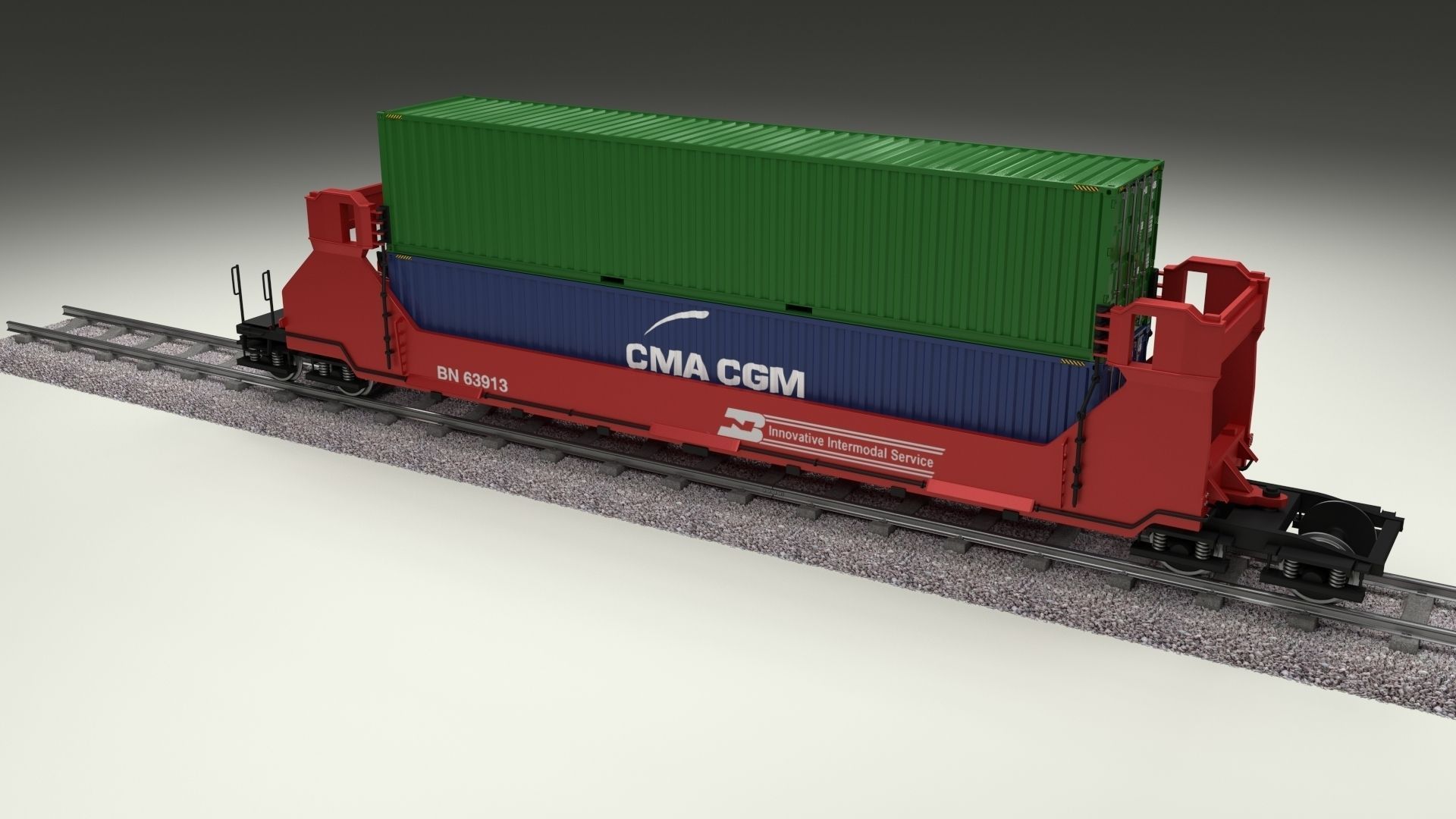 Red Train Well Car w Containers 3D model_8
