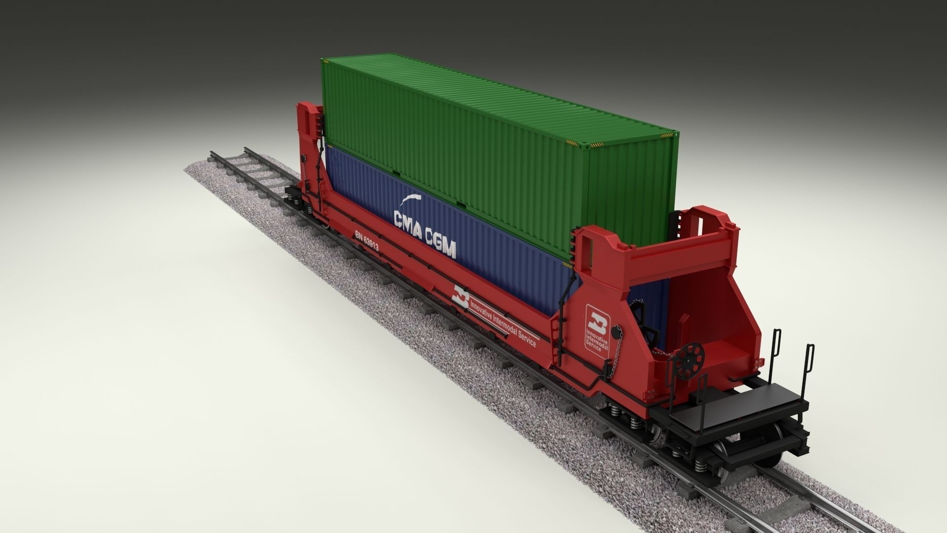 Red Train Well Car w Containers 3D model_24