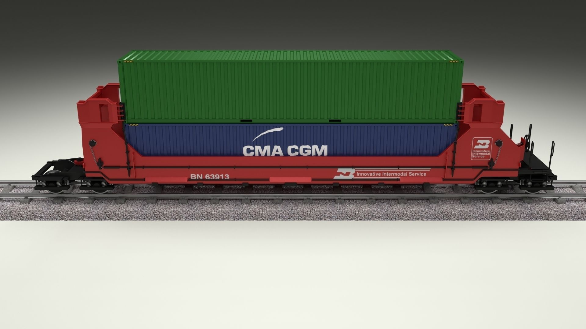 Red Train Well Car w Containers 3D model_1